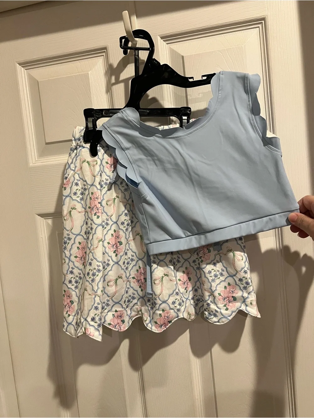 Light Blue Ruffle  Top and Floral Skirt Set - Kids Bottoms